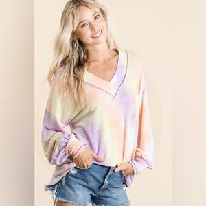 BiBi Tie Dye French Terry V-Neck Top with Puff Sleeves